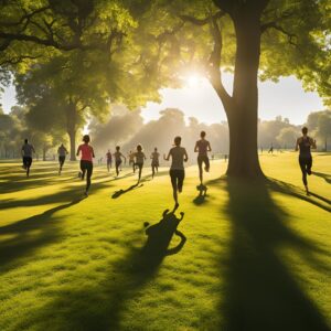 People exercising, running, or participating in wellness activities